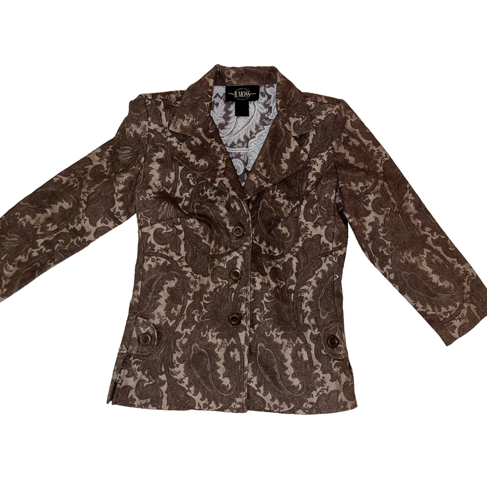 B Moss Suit Jacket Women's Sz 2 Brown Paisley Damask Blazer Career Wear